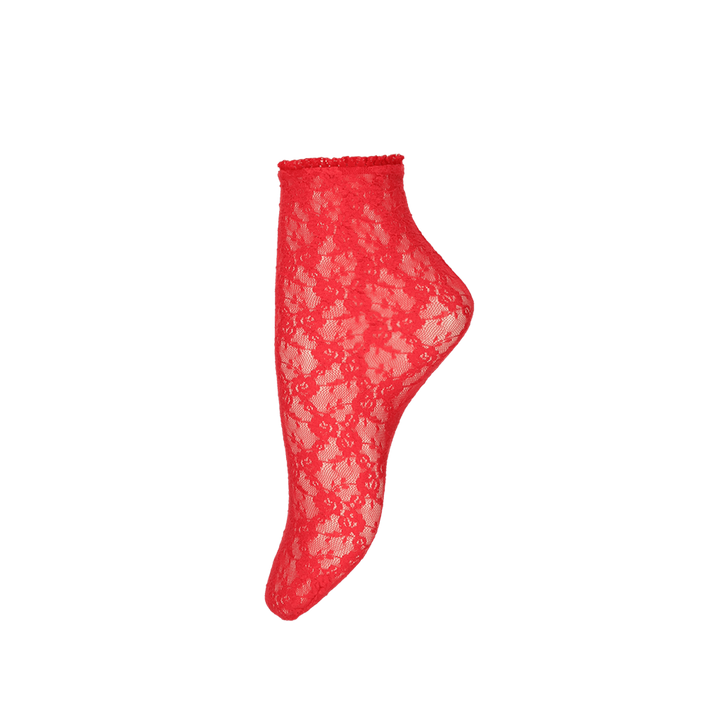Floral Lace Short Crew Socks - Red