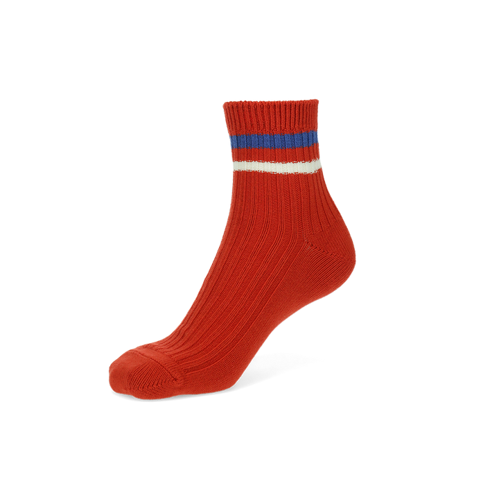 Striped Cotton Short Crew Socks - Red (WOMEN)
