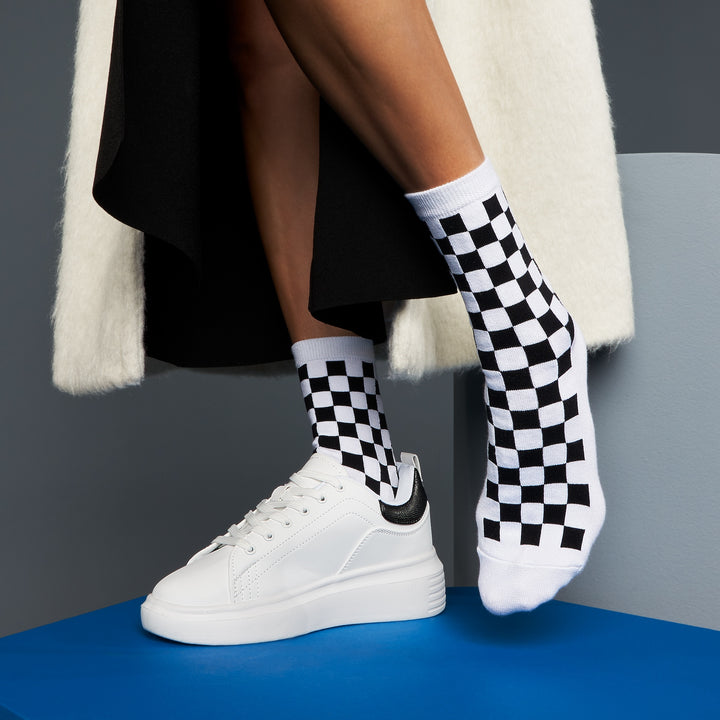 Plaid Cotton Crew Socks - Black (WOMEN)