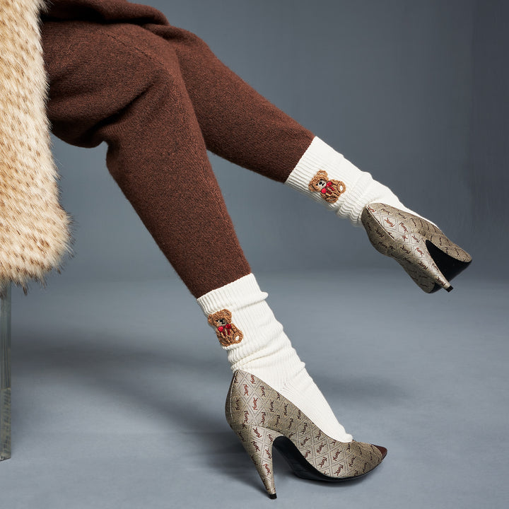 Teddy Bear Cotton Crew Socks - White (WOMEN)