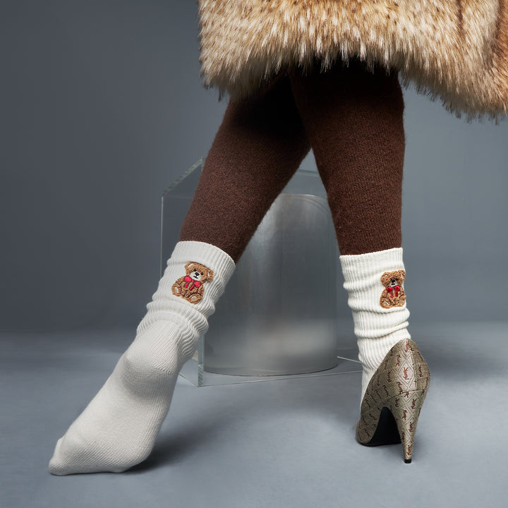 Teddy Bear Cotton Crew Socks - White (WOMEN)