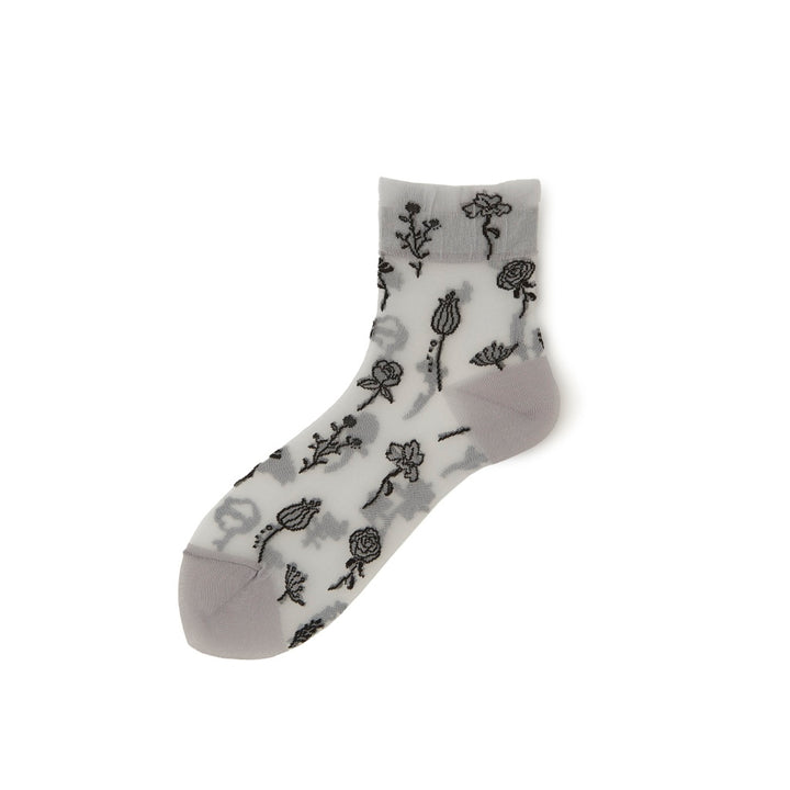 Floral Monotone Short Crew Socks - LightGrey
