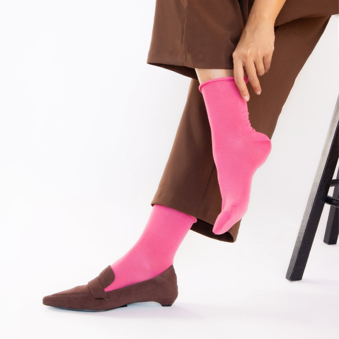 Premium Silky Cotton Plain Crew Socks - HotPink (WOMEN)