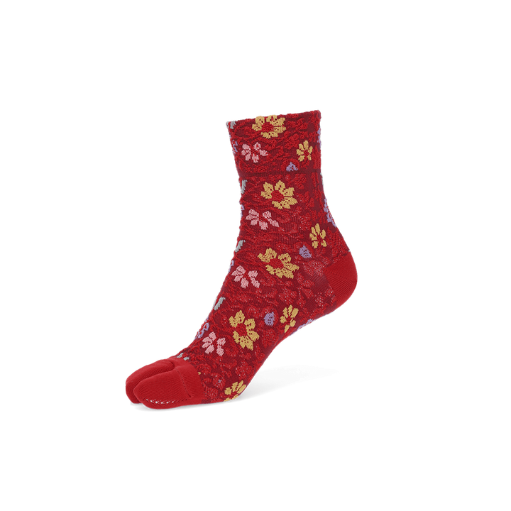 Float Flower Cotton Tabi Crew Socks - Red