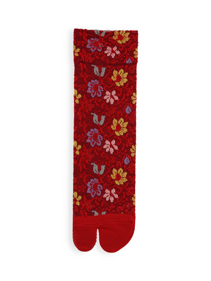 Float Flower Cotton Tabi Crew Socks - Red