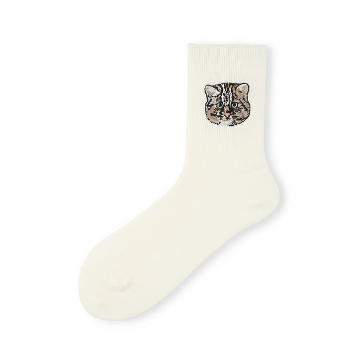 Cat Embroidered Cotton Crew Socks - White (WOMEN)
