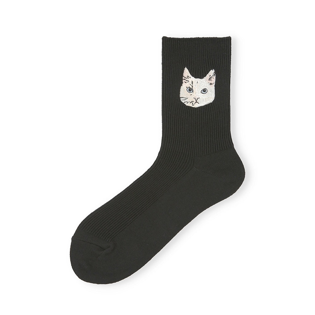 Cat Embroidered Cotton Crew Socks - Black (WOMEN)
