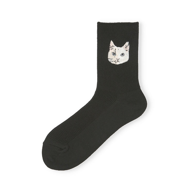 Cat Embroidered Cotton Crew Socks - Black (WOMEN)