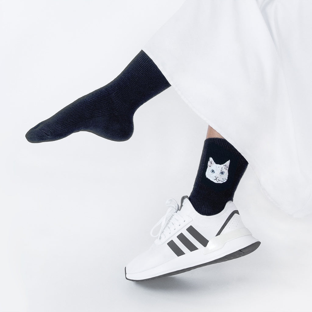 Cat Embroidered Cotton Crew Socks - Black (WOMEN)
