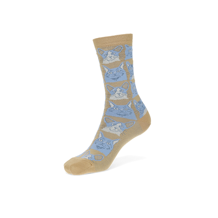 Cat Cotton Crew Socks - Beige (WOMEN)