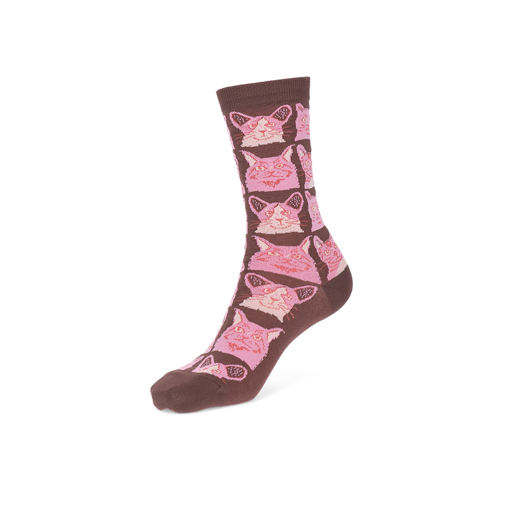 Cat Cotton Crew Socks - Brown (WOMEN)