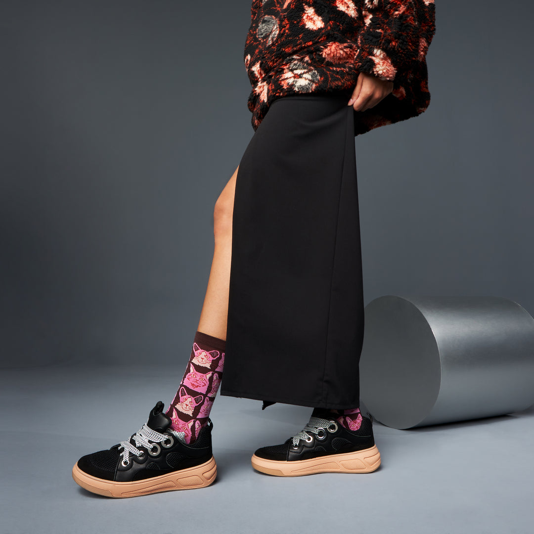 Cat Cotton Crew Socks - Brown (WOMEN)