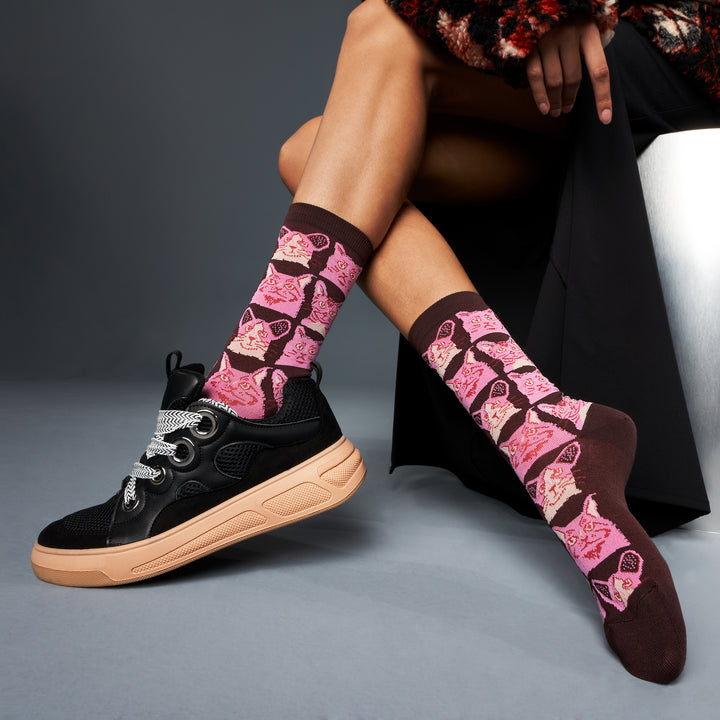 Cat Cotton Crew Socks - Brown (WOMEN)