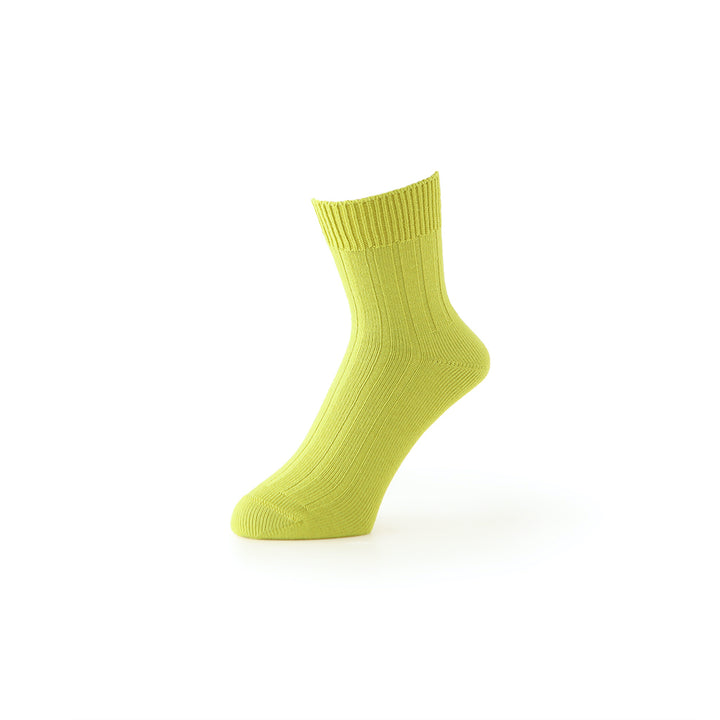 Wide-Ribbed Cotton Short Crew Socks - LimeYellow