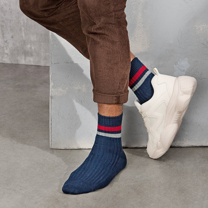 Striped Cotton Short Crew Socks - Navy (MEN)