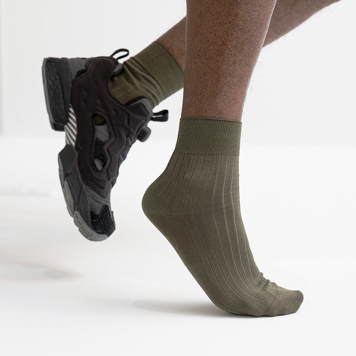 Silky Cotton Short Crew Socks - Olive (MEN)