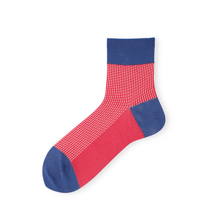 Houndstooth Silky Cotton Short Crew Socks - Red (MEN)