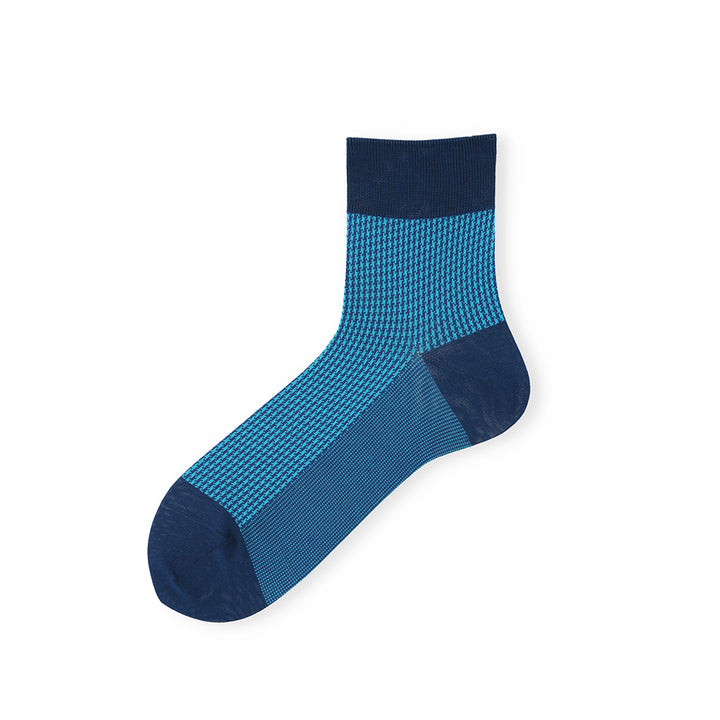 Houndstooth Silky Cotton Short Crew Socks - VintageBlue (MEN)