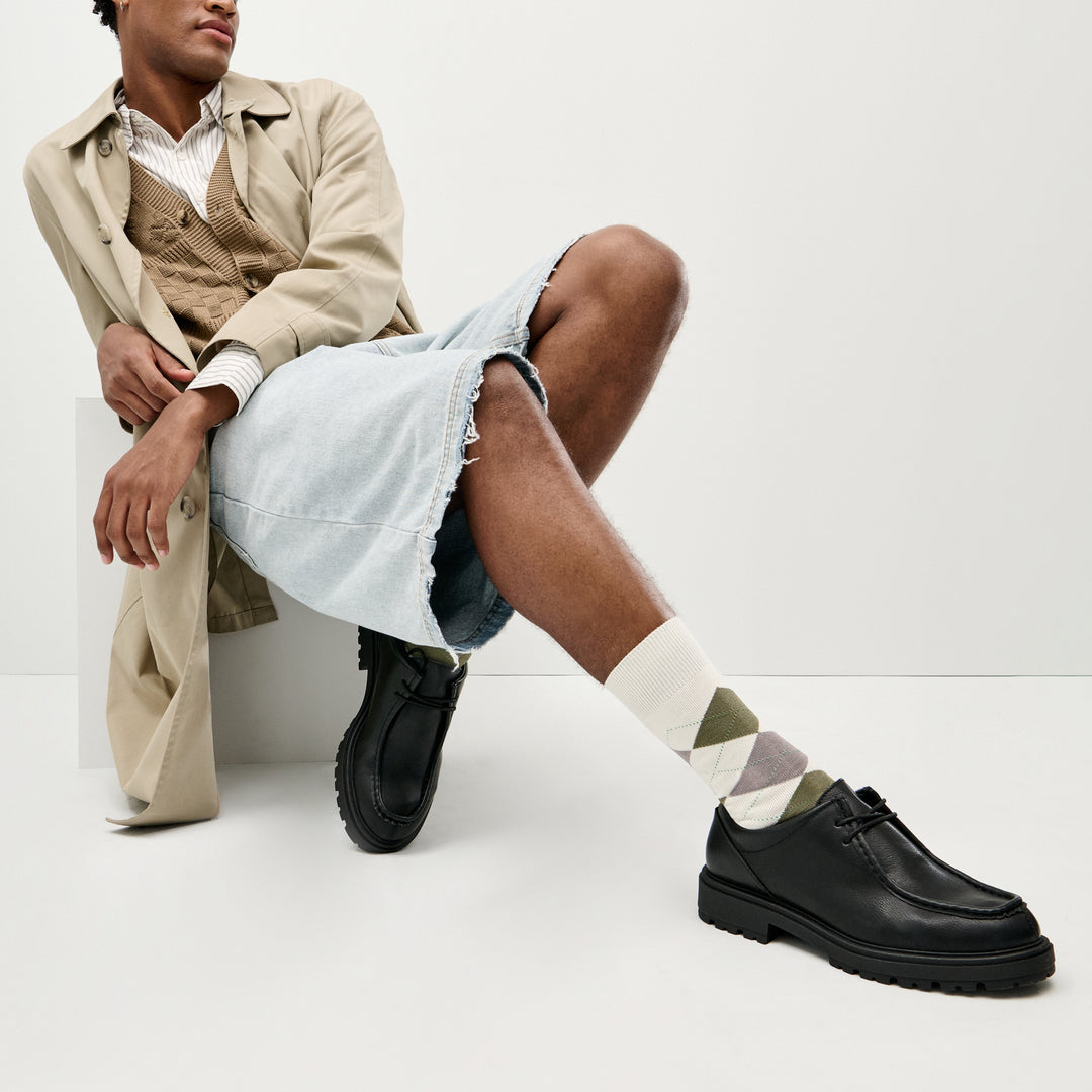Argyle Cotton Crew Socks - Ivory (MEN)