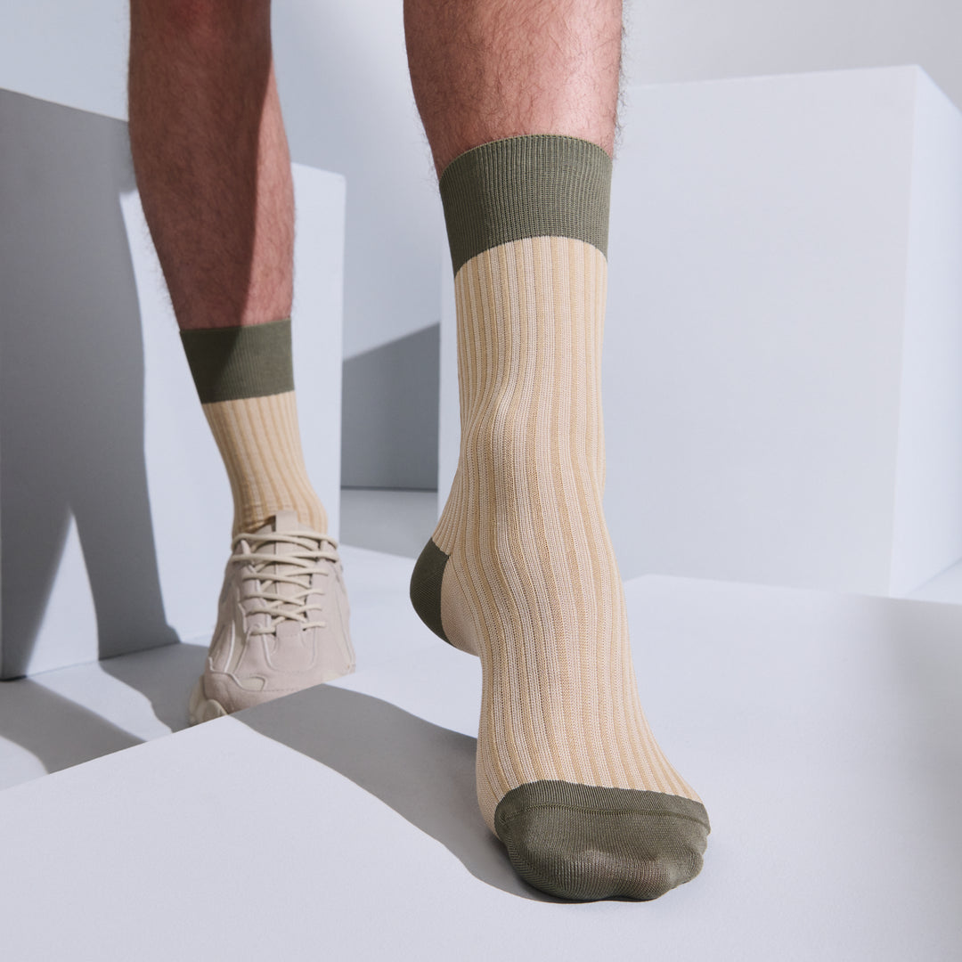 Striped Silky Cotton Crew Socks - Beige (MEN)