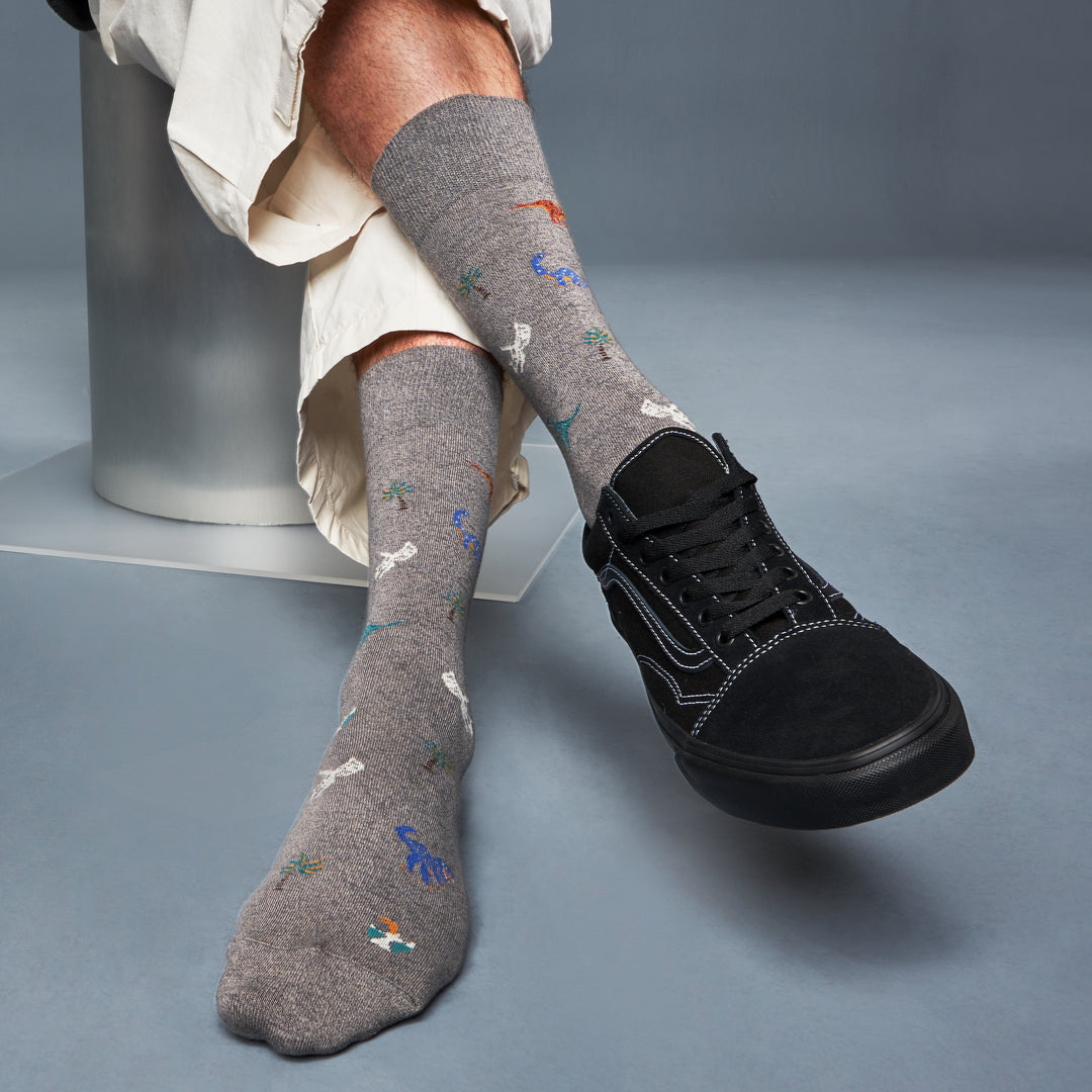 Dinosaur Cotton Crew Socks - Grey