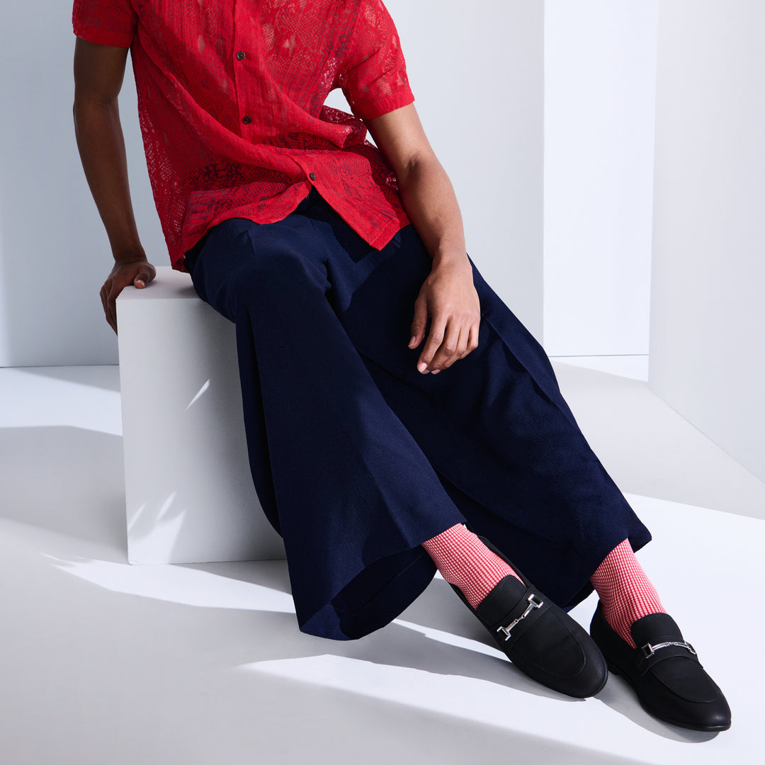 Houndstooth Silky Cotton Crew Socks - Red
