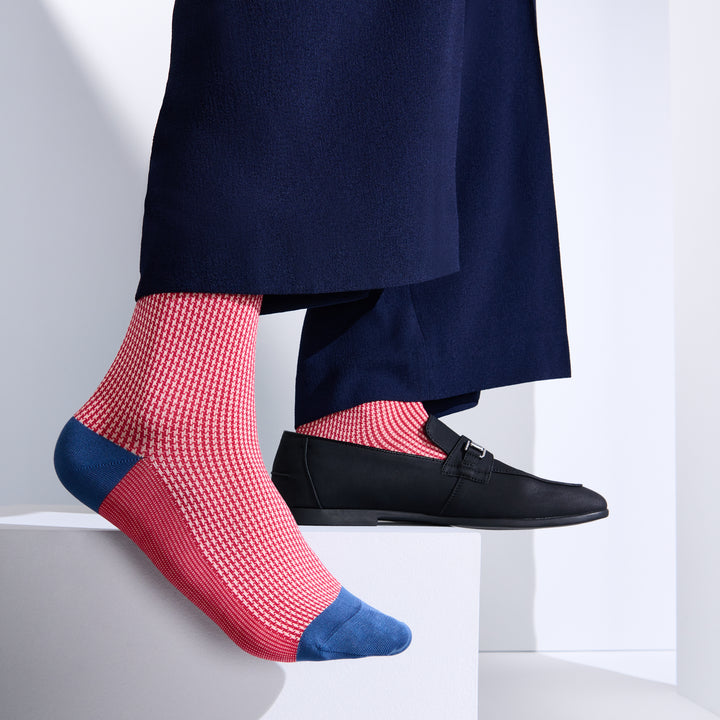Houndstooth Silky Cotton Crew Socks - Red
