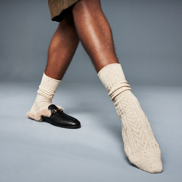 Aran Cable Merino Crew Socks - Ivory (MEN)