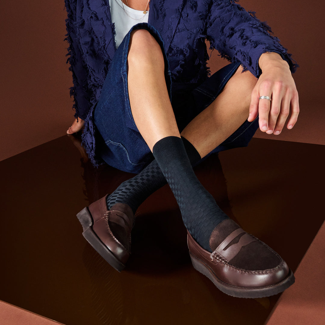 Ichimatsu Links-Knit Cotton Crew Socks -Black