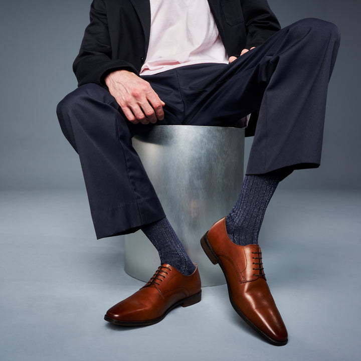Soft Lamé Ribbed Crew Socks - Navy (MEN)