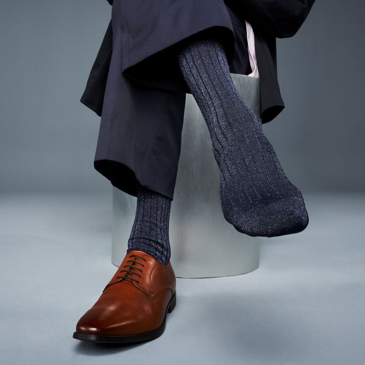 Soft Lamé Ribbed Crew Socks - Navy (MEN)