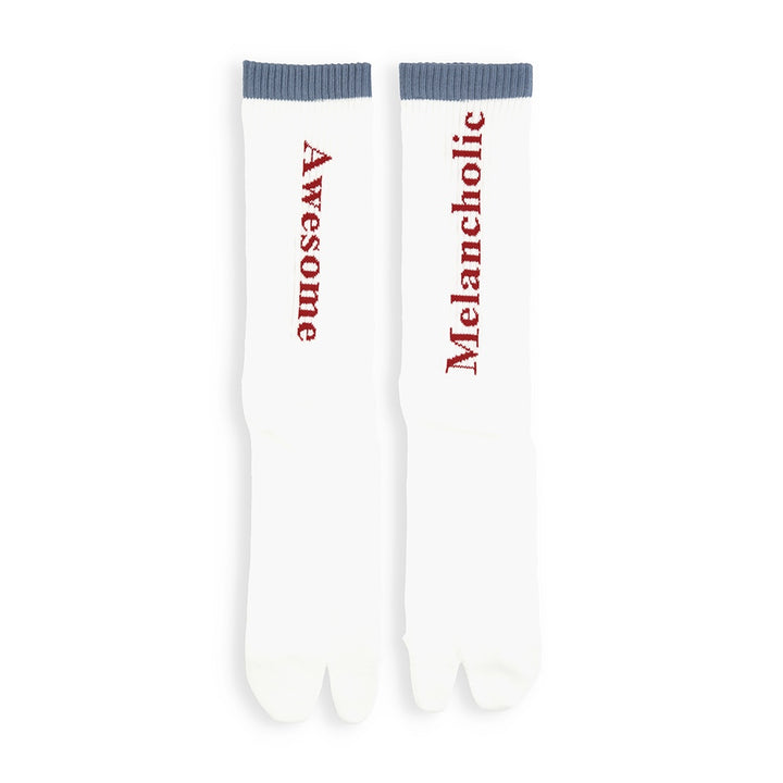 Ribbed Cotton Rear-Text Tabi Crew Socks - White (MEN)