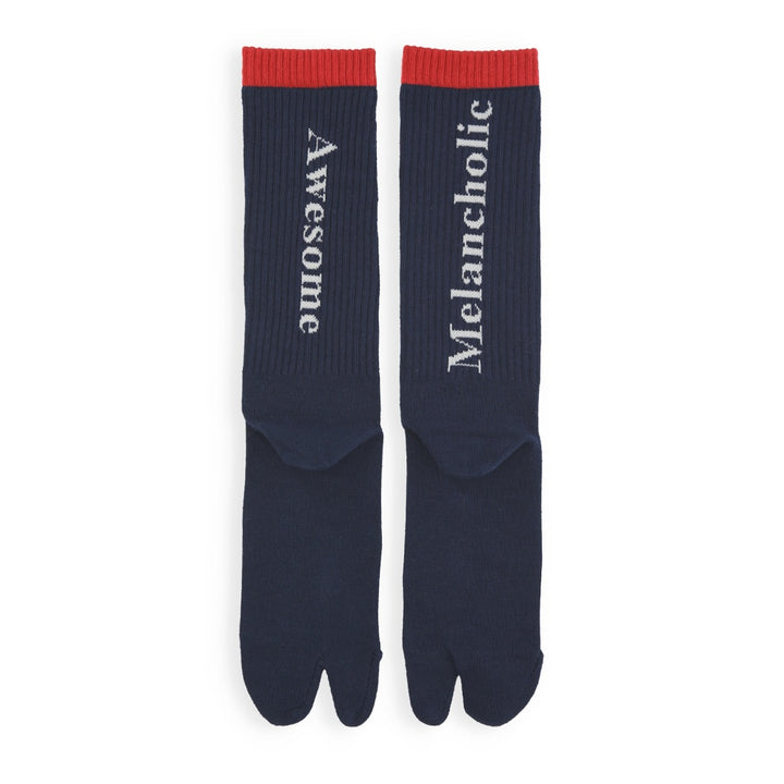 Ribbed Cotton Rear-Text Tabi Crew Socks - Navy (MEN)