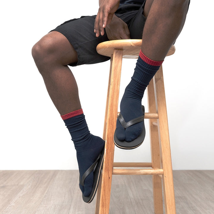 Ribbed Cotton Rear-Text Tabi Crew Socks - Navy (MEN)