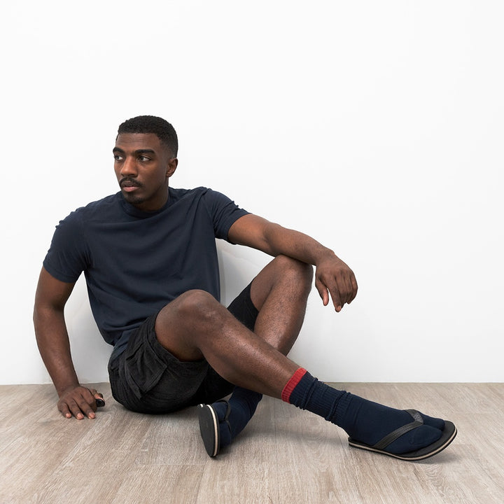 Ribbed Cotton Rear-Text Tabi Crew Socks - Navy (MEN)