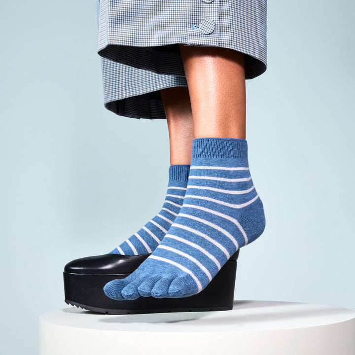 Striped Cotton Toe Short Crew Socks - SteelBlue