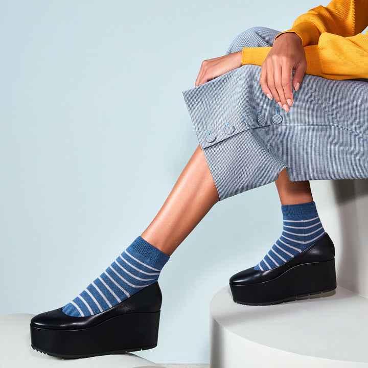 Striped Cotton Toe Short Crew Socks - SteelBlue