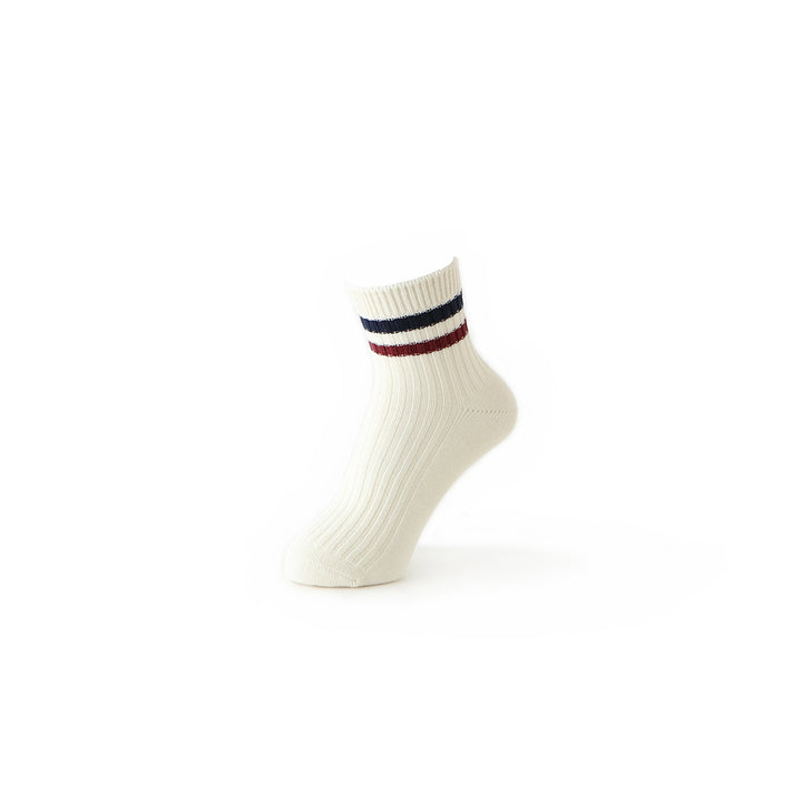 Striped Cotton Short Crew Socks - White (WOMEN)