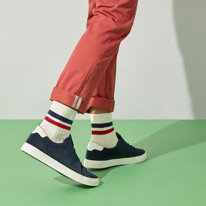 Striped Cotton Short Crew Socks - White (MEN)