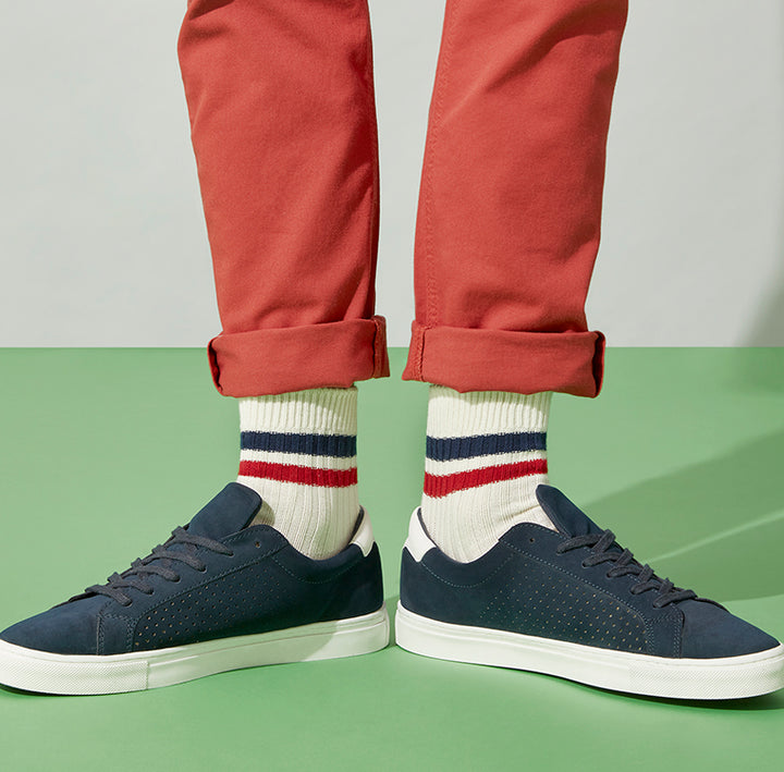 Striped Cotton Short Crew Socks - White (MEN)