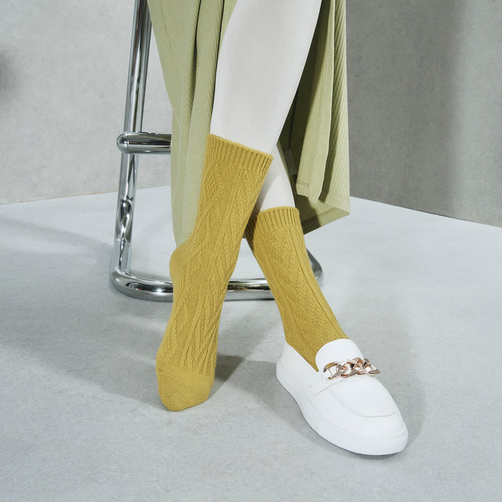 Cable Merino Crew Socks - LimeYellow