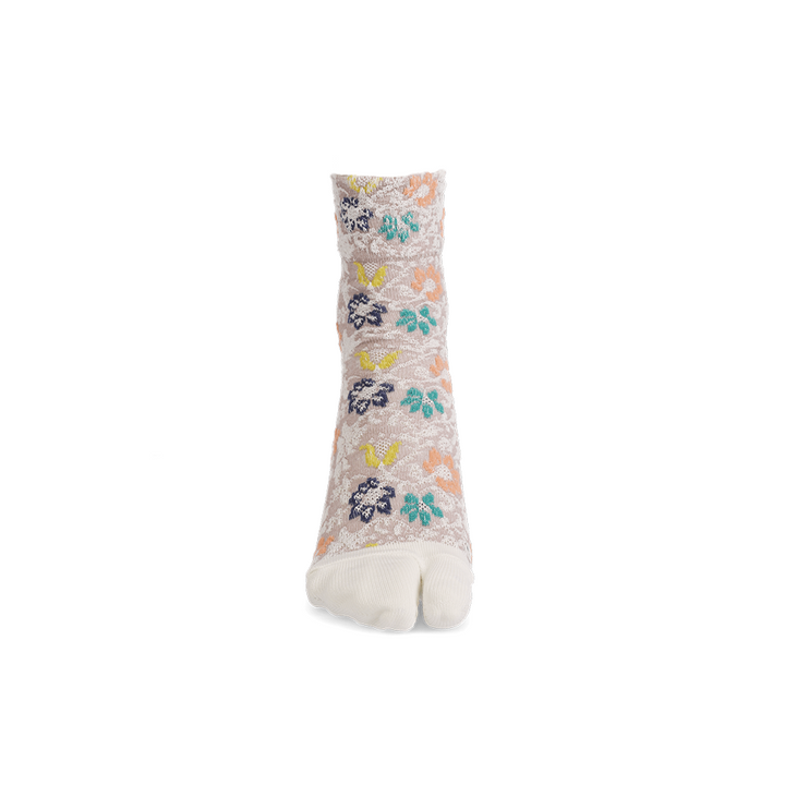 Float Flower Cotton Tabi Crew Socks - White