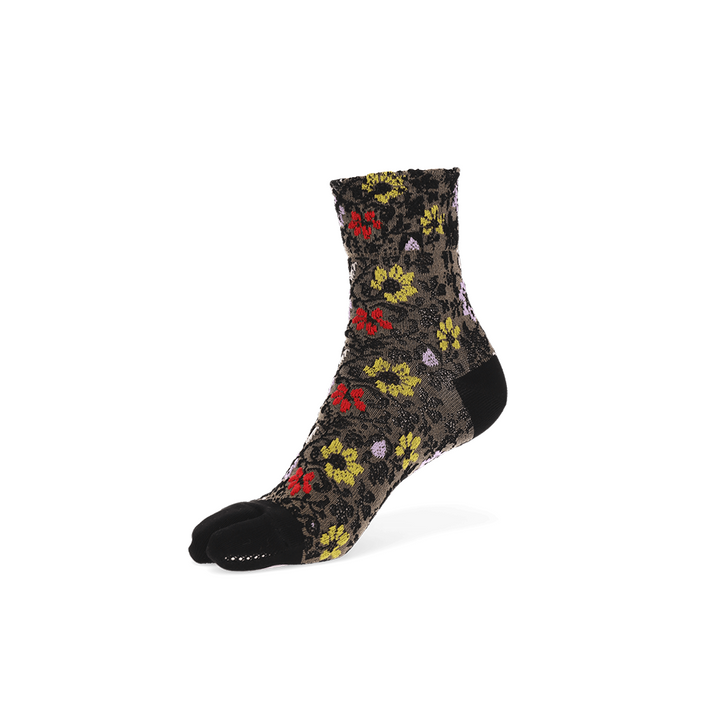 Float Flower Cotton Tabi Crew Socks - Black
