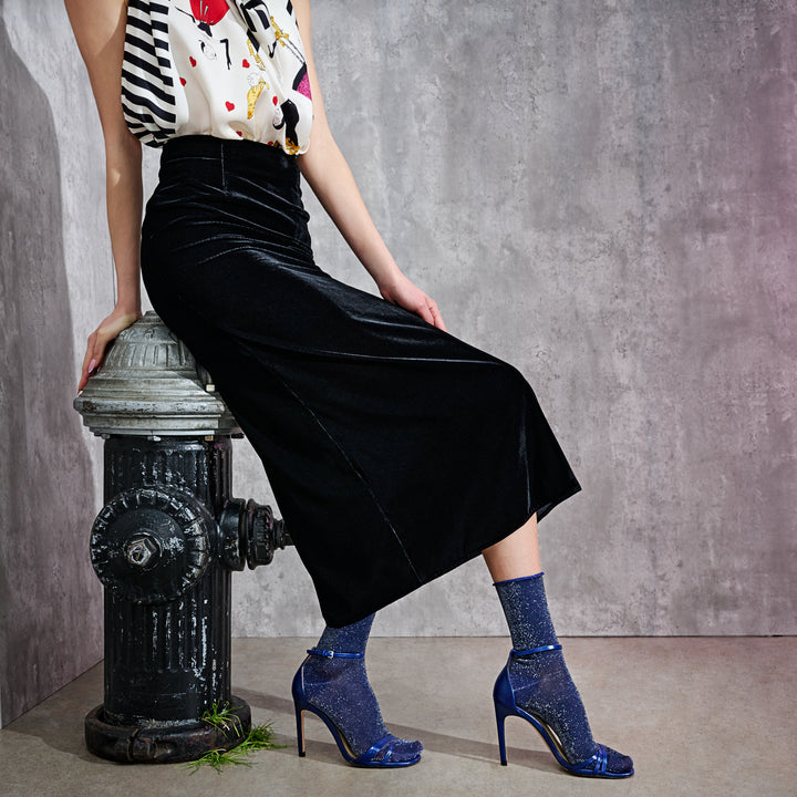 Soft Lamé Semi-Sheer Crew Socks - Navy
