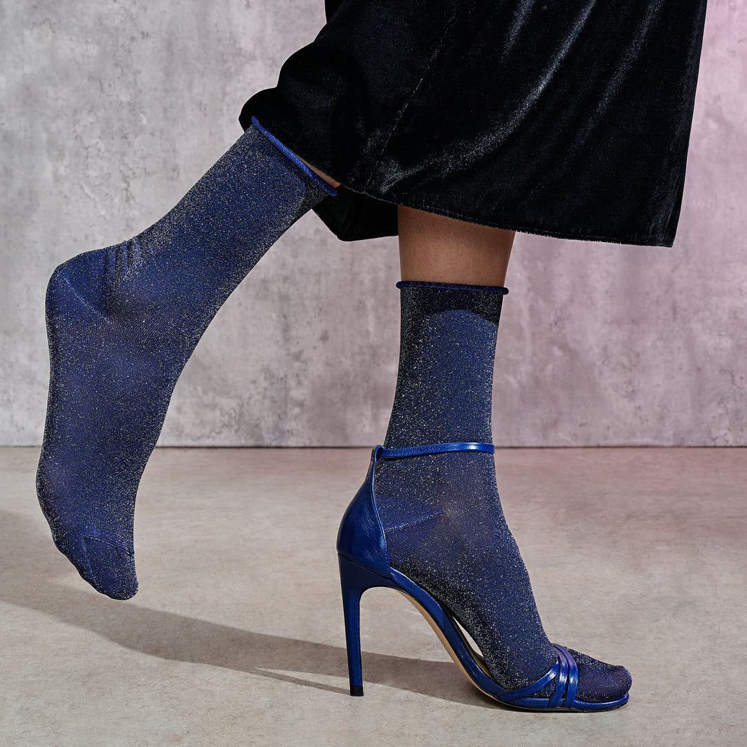 Soft Lamé Semi-Sheer Crew Socks - Navy