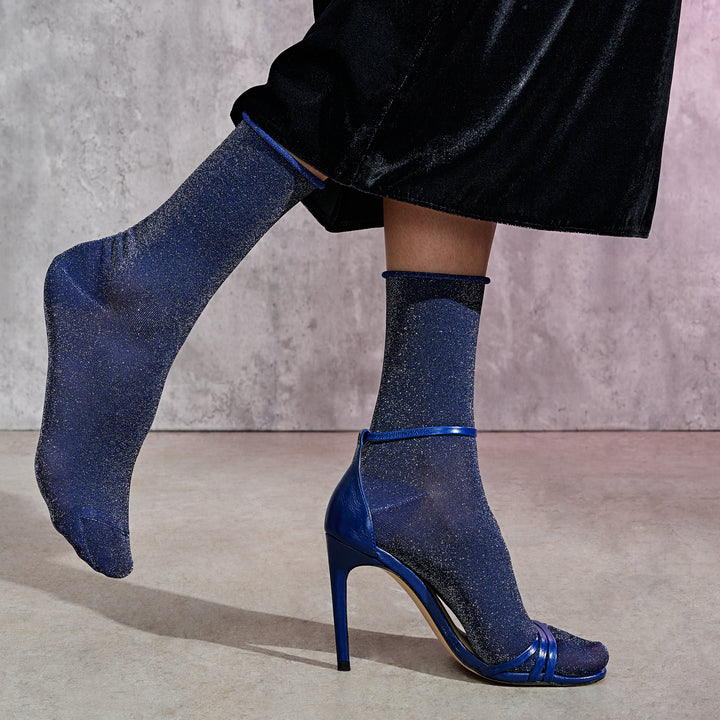Soft Lamé Semi-Sheer Crew Socks - Navy