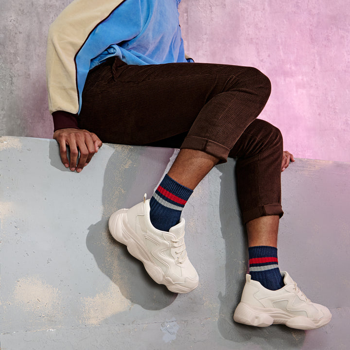 Striped Cotton Short Crew Socks - Navy (MEN)