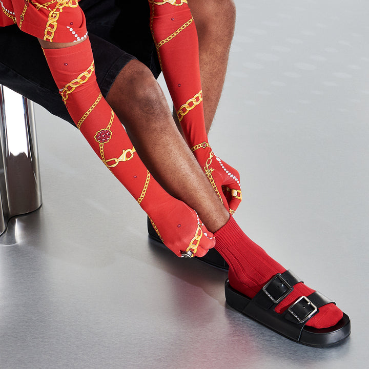 Wide-Ribbed Cotton Short Crew Socks - Red