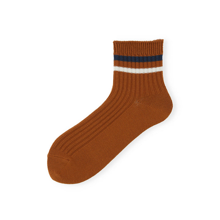Striped Cotton Short Crew Socks - Brown (WOMEN)