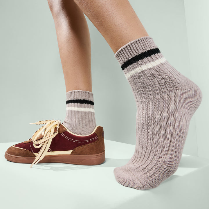 Striped Cotton Short Crew Socks - Greige (WOMEN)